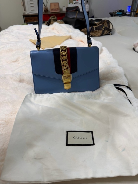 Gucci Handbags - Gucci Sylvie Blue Leather Shoulder Bag with Gold Chain Detail